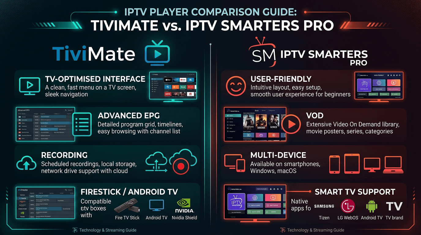 TiviMate vs IPTV Smarters Pro comparison guide: side-by-side features including TV-optimised interface and advanced EPG with recording for TiviMate versus user-friendly layout, VOD library, and multi-device support for Firestick, Android TV, Smart TVs, and mobile for IPTV Smarters Pro