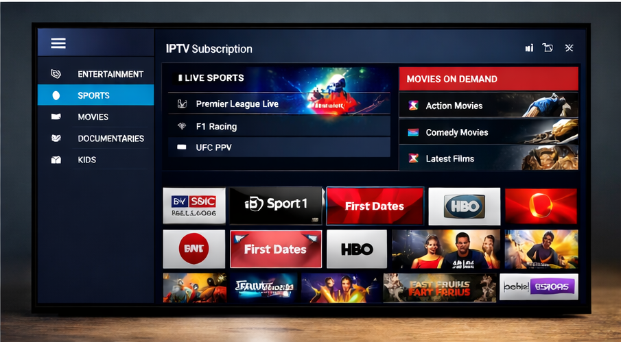IPTV subscription channels list interface showing sports and movies